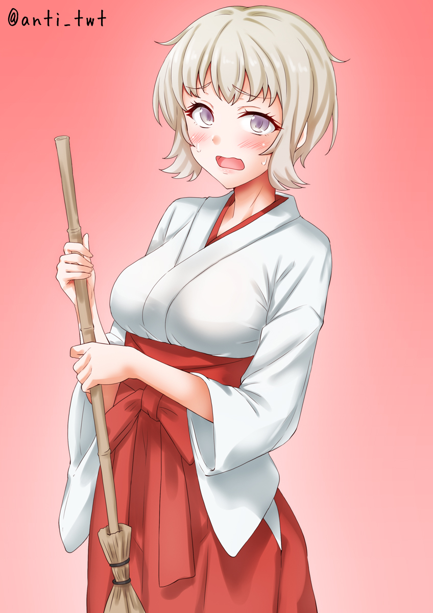 1girl, anti_(untea9), bamboo_broom, blonde_hair, breasts, broom, commentary_request, gradient_background