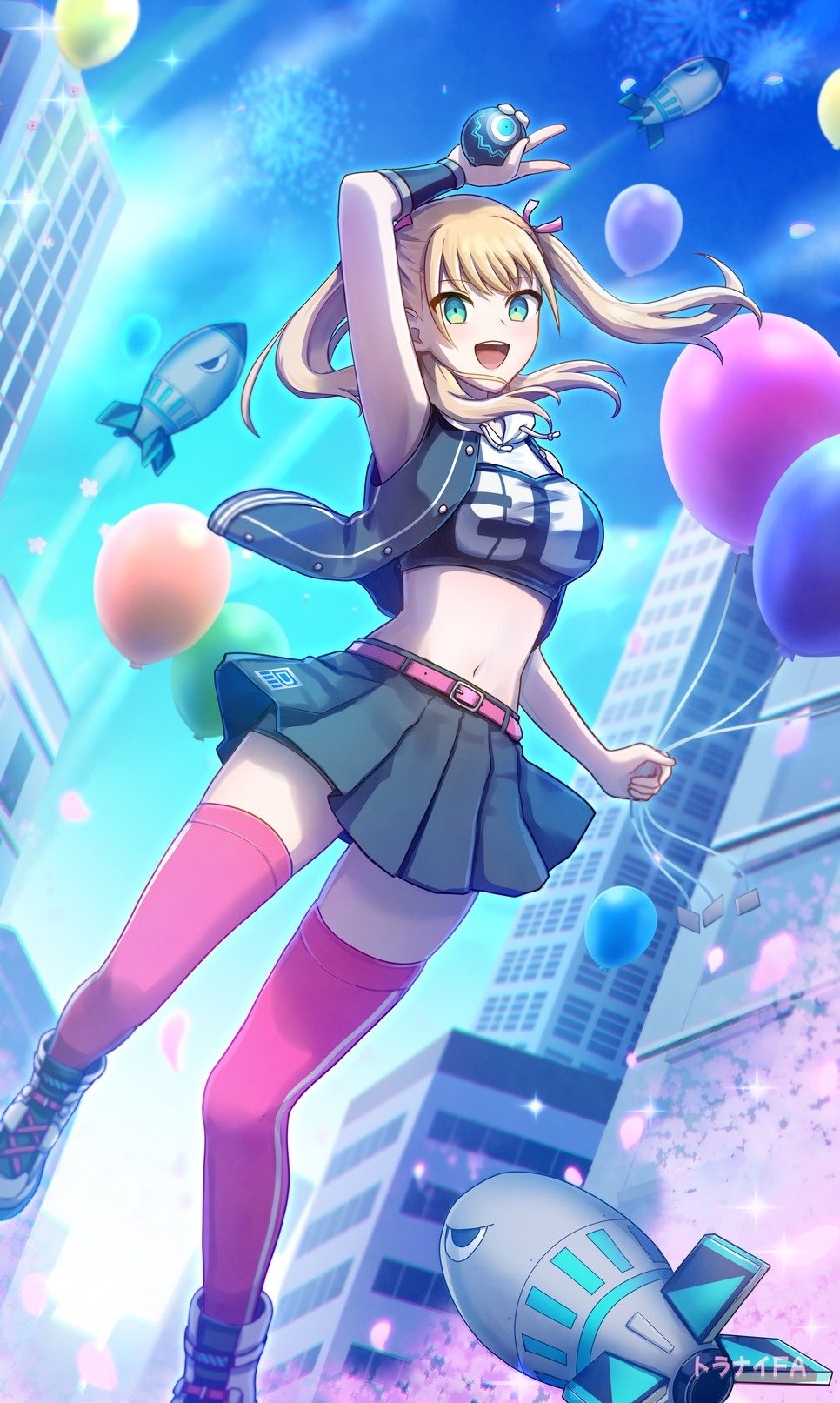 1girl, :d, arm_up, arm_warmers, armpits, ball, balloon, bare_shoulders