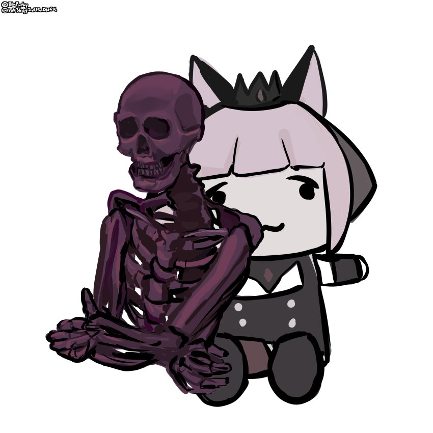 1girl, absurdres, animal_ears, black_dress, blaparky, chibi, commentary, detached_sleeves, dress, highres, hololive, hololive_english, long_hair, mori_bonelliope, mori_calliope, pink_hair, skeleton, smile, solid_eyes, tiara, virtual_youtuber, weird_cat_(mori_calliope)
