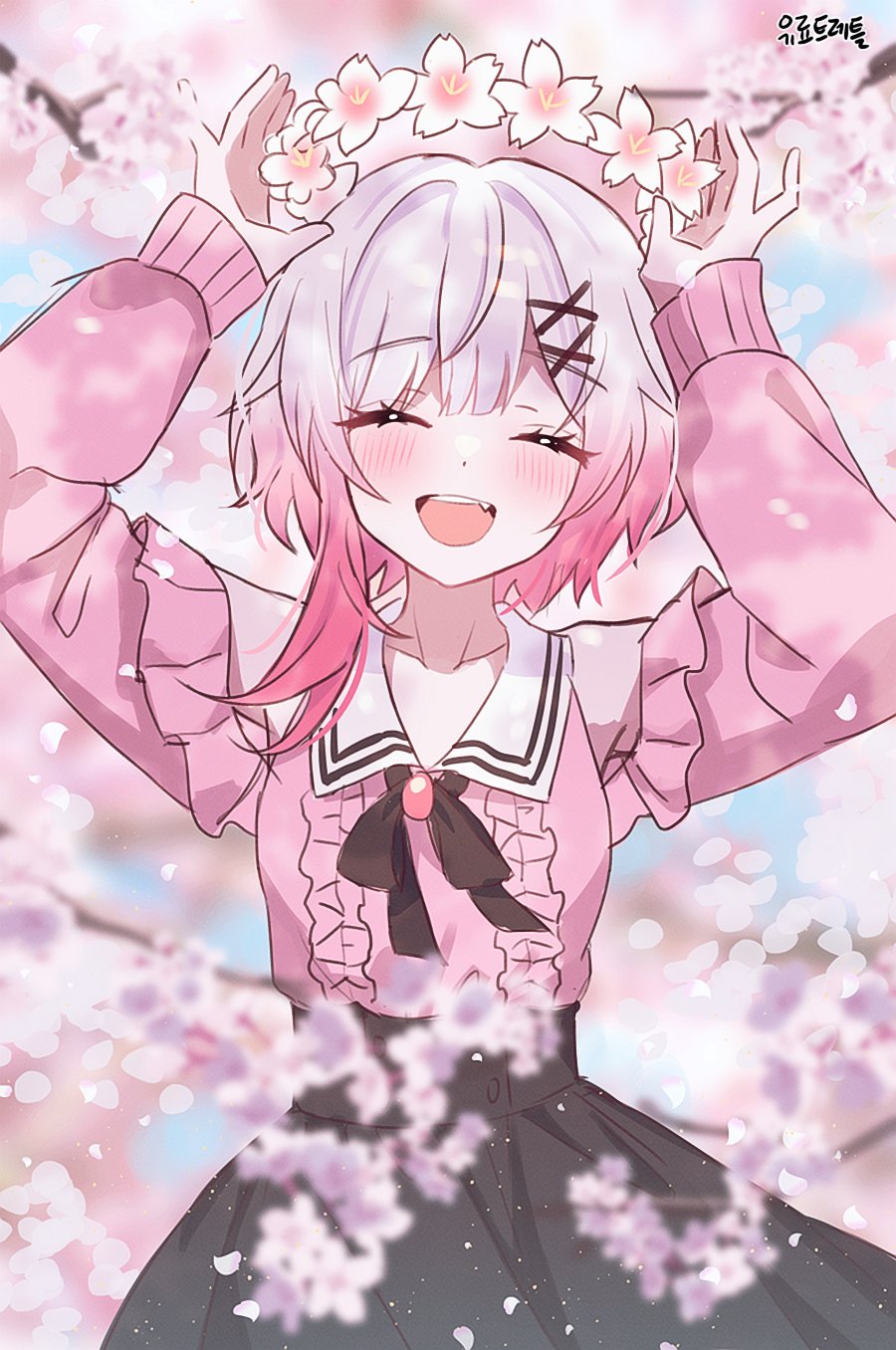 1girl, book_off, cherry_blossoms, closed_eyes, closed_mouth, collarbone, commentary_request, head_wreath