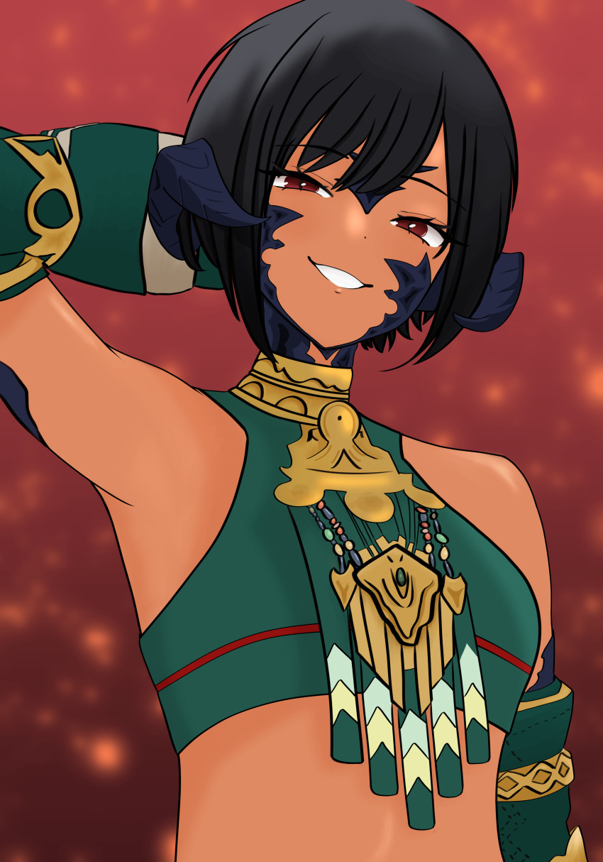 absurdres, armpits, au_ra, black_scales, commission, commissioner_upload, detached_sleeves, dragon_girl, dragon_horns, dress, final_fantasy, final_fantasy_xiv, green_dress, halterneck, highres, horns, incredibly_absurdres, julee_ibarea, looking_at_viewer, red_eyes, short_hair, simple_background, smile, tan, vanillylily, warrior_of_light_(ff14)