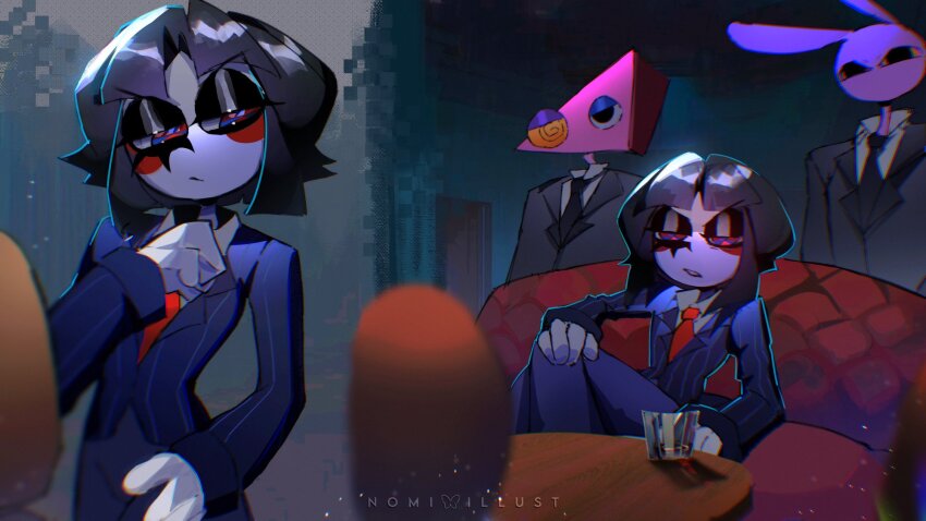 1boy, 2girls, @_@, alternate_costume, animal_ears, artist_name, asymmetrical_eyes, black_hair