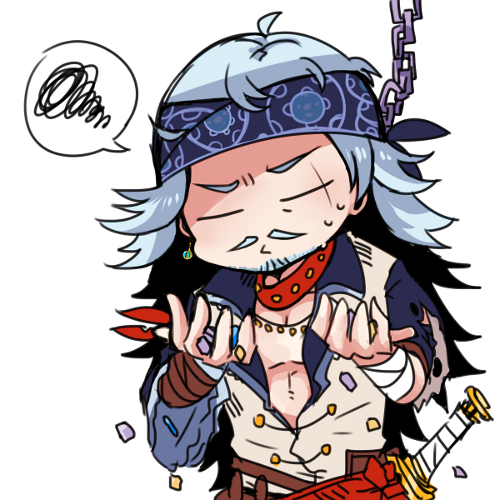 1boy, annoyed, aqua_hair, bandaged_wrist, bandages, bandana, beard_stubble, blue_bandana