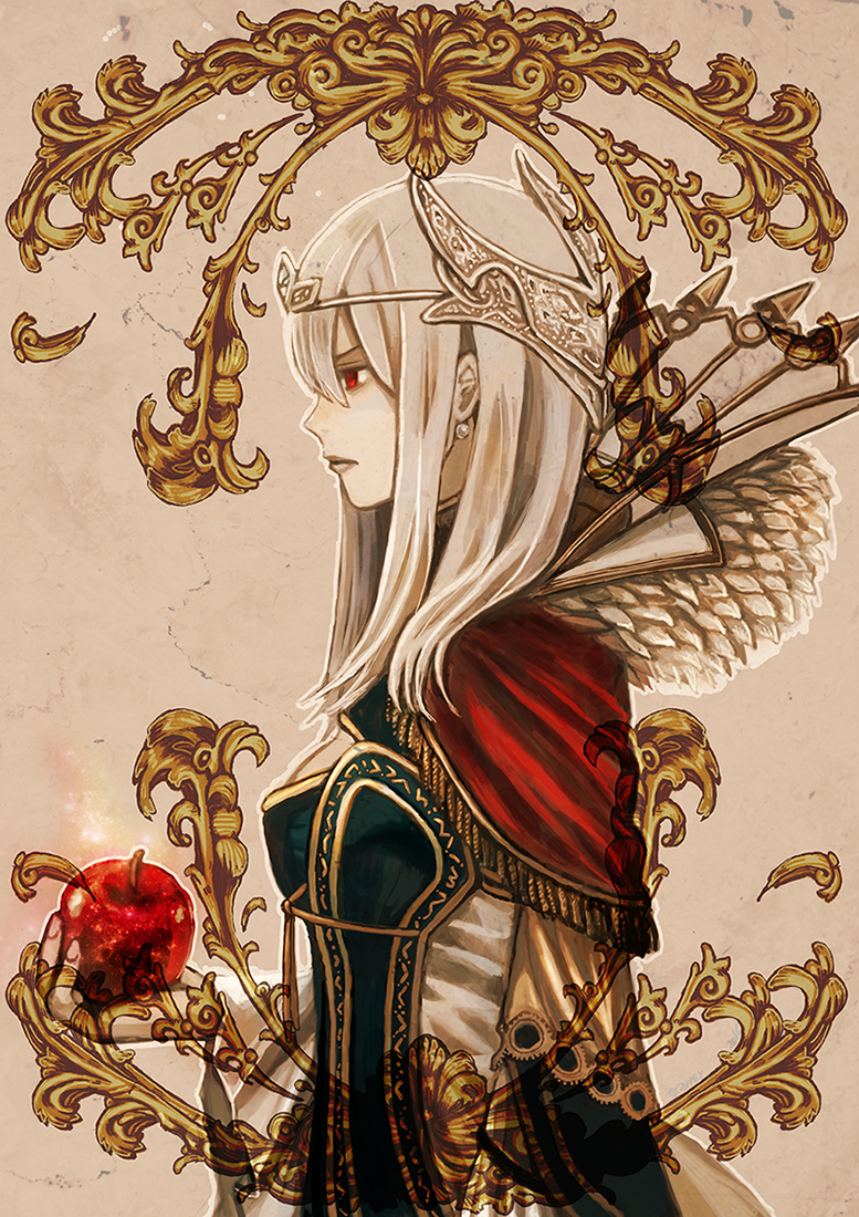 1girl, apple, aya_namihei, breasts, cape, closed_mouth, dress, evil_queen_(grimms_notes), evil_queen_(original)_(grimms_notes), fingernails, food, fruit, grey_lips, grimms_notes, hair_between_eyes, hair_ornament, hair_over_shoulder, hand_up, holding, holding_food, holding_fruit, long_hair, profile, red_cape, red_eyes, solo, v-shaped_eyebrows, wide_sleeves