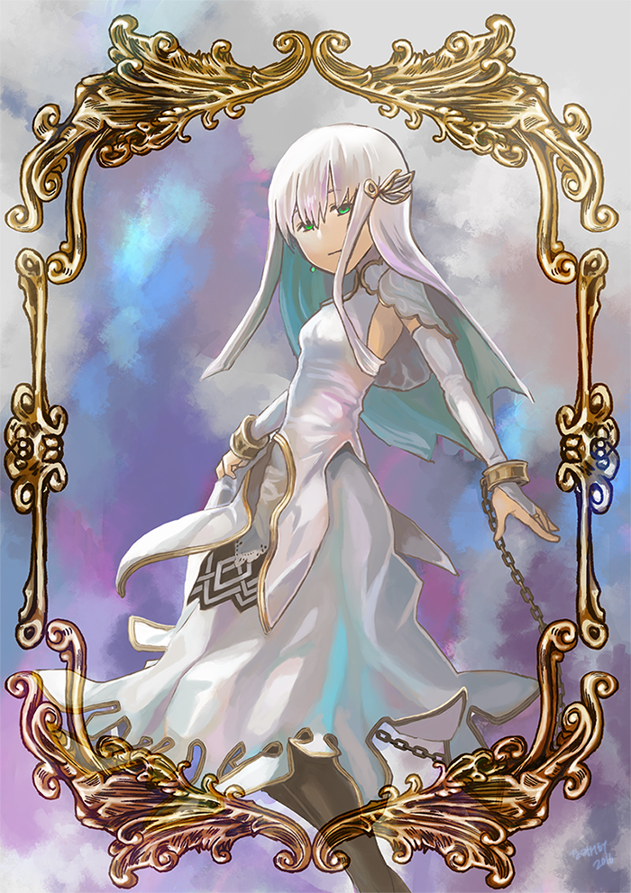 1girl, aya_namihei, breasts, bridal_gauntlets, brown_pantyhose, capelet, chain, closed_mouth