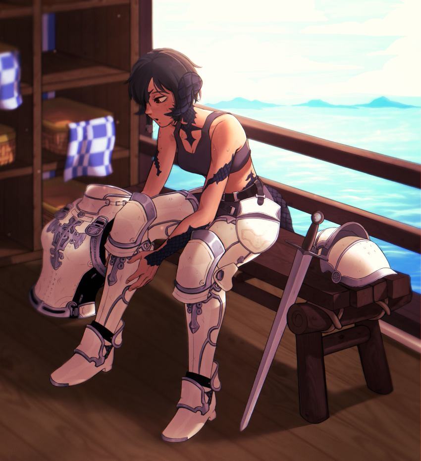 absurdres, armor, au_ra, black_scales, black_tank_top, changing_room, commission, commissioner_upload