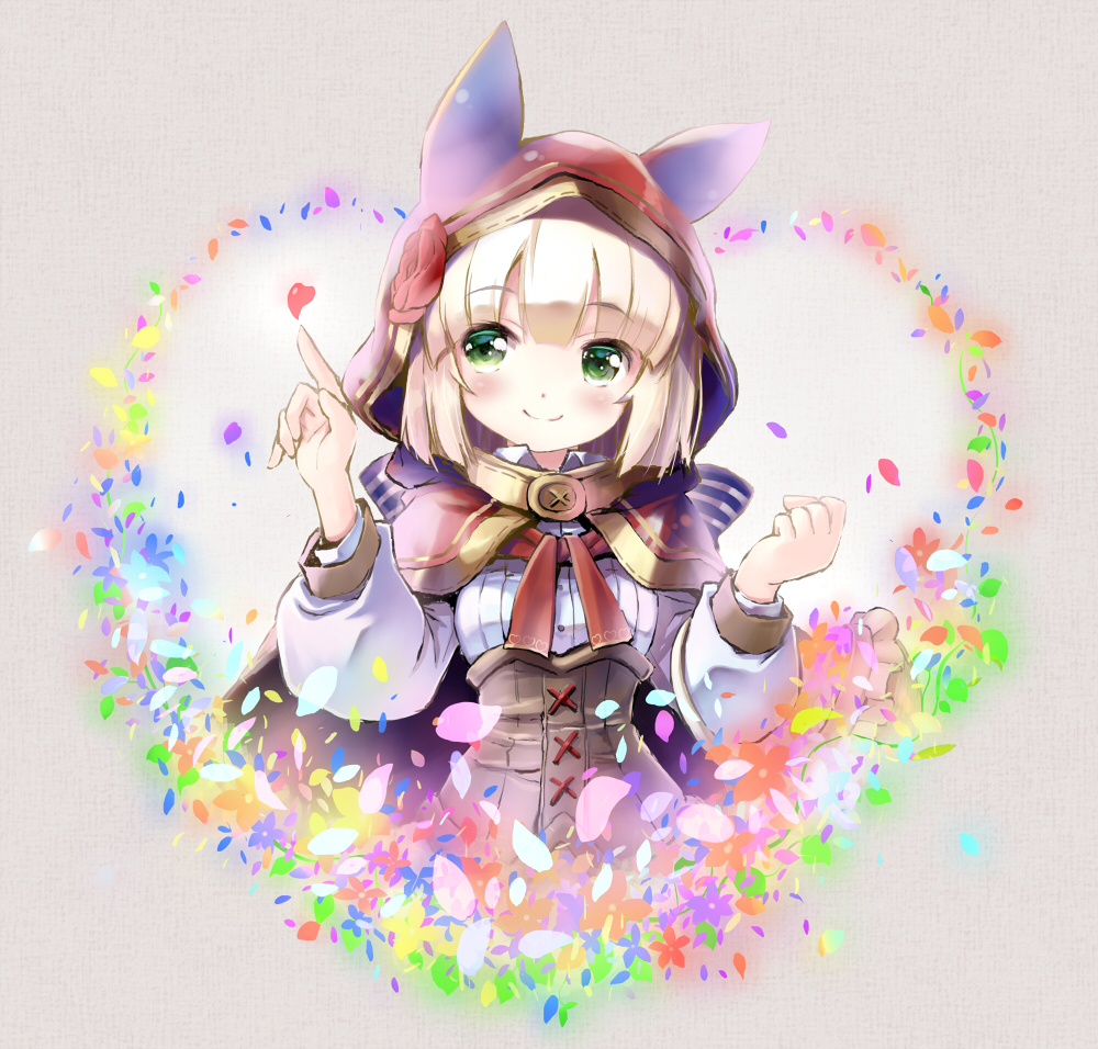 1girl, animal_hood, blunt_bangs, brown_corset, buttons, clenched_hand, cloak, closed_mouth