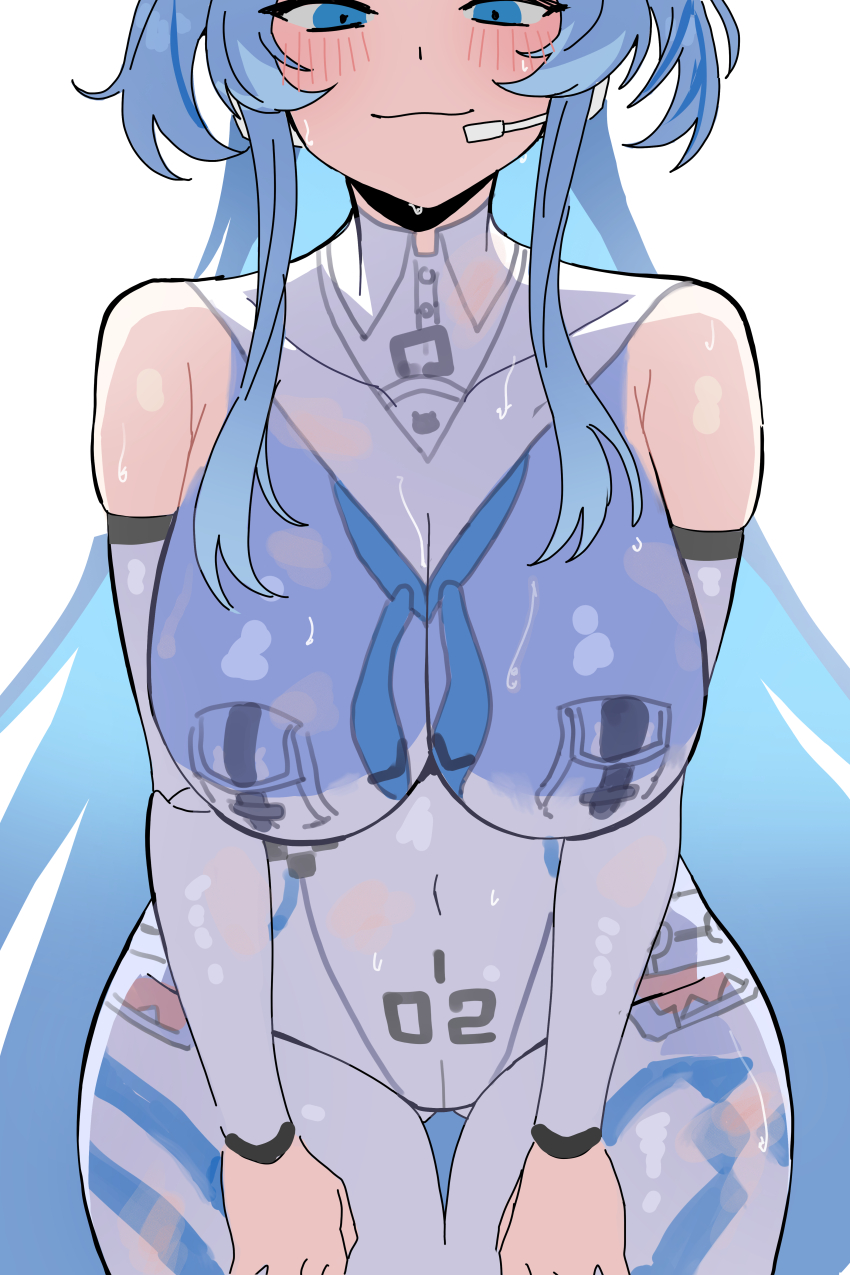 1girl, absurdres, april_fools, blue_eyes, blue_hair, bodypaint, bodysuit, breasts