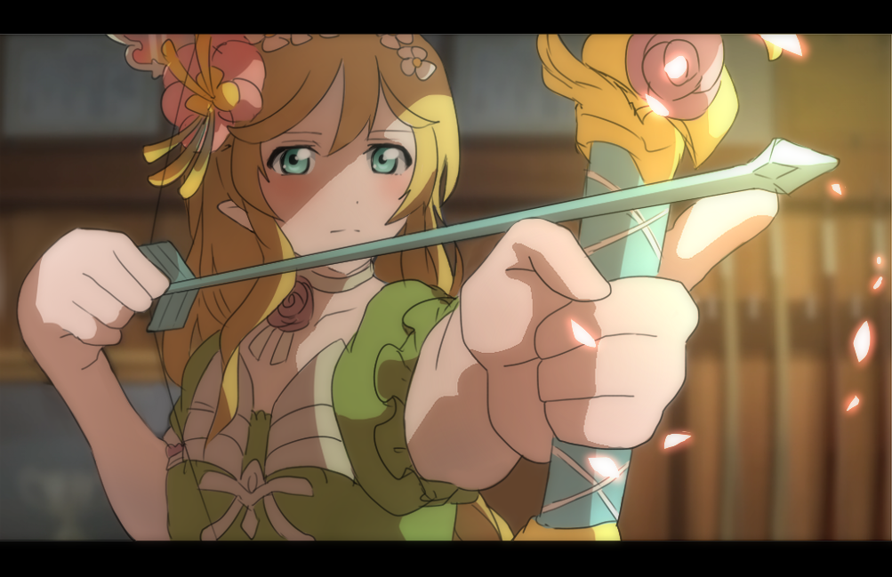 1girl, aiming, anime_coloring, aqua_eyes, arrow_(projectile), az_9649, blonde_hair, bow_(weapon)