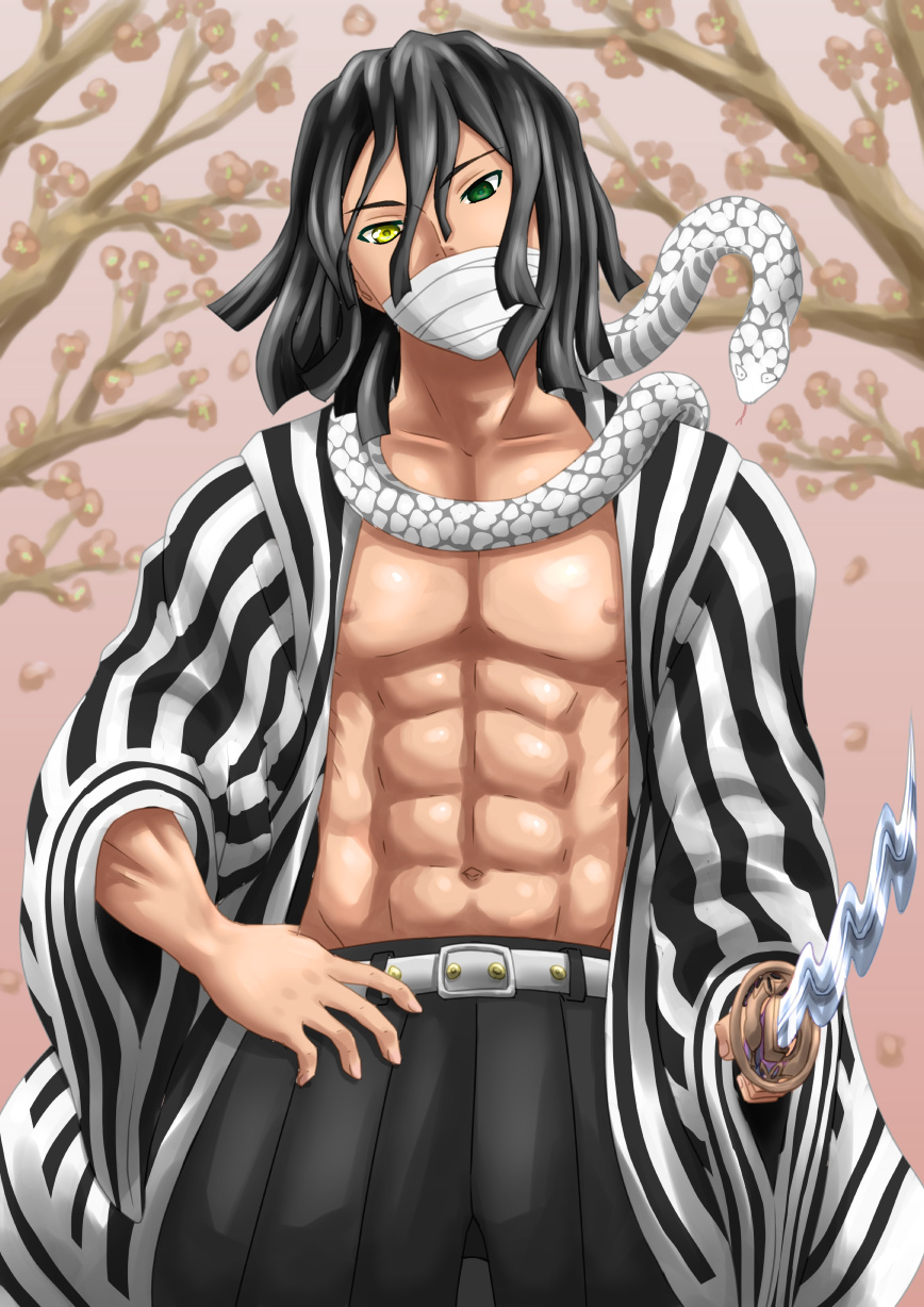 1boy, abs, animal, animal_around_neck, bandage_on_face, bandages, bandages_over_mouth, black_hair
