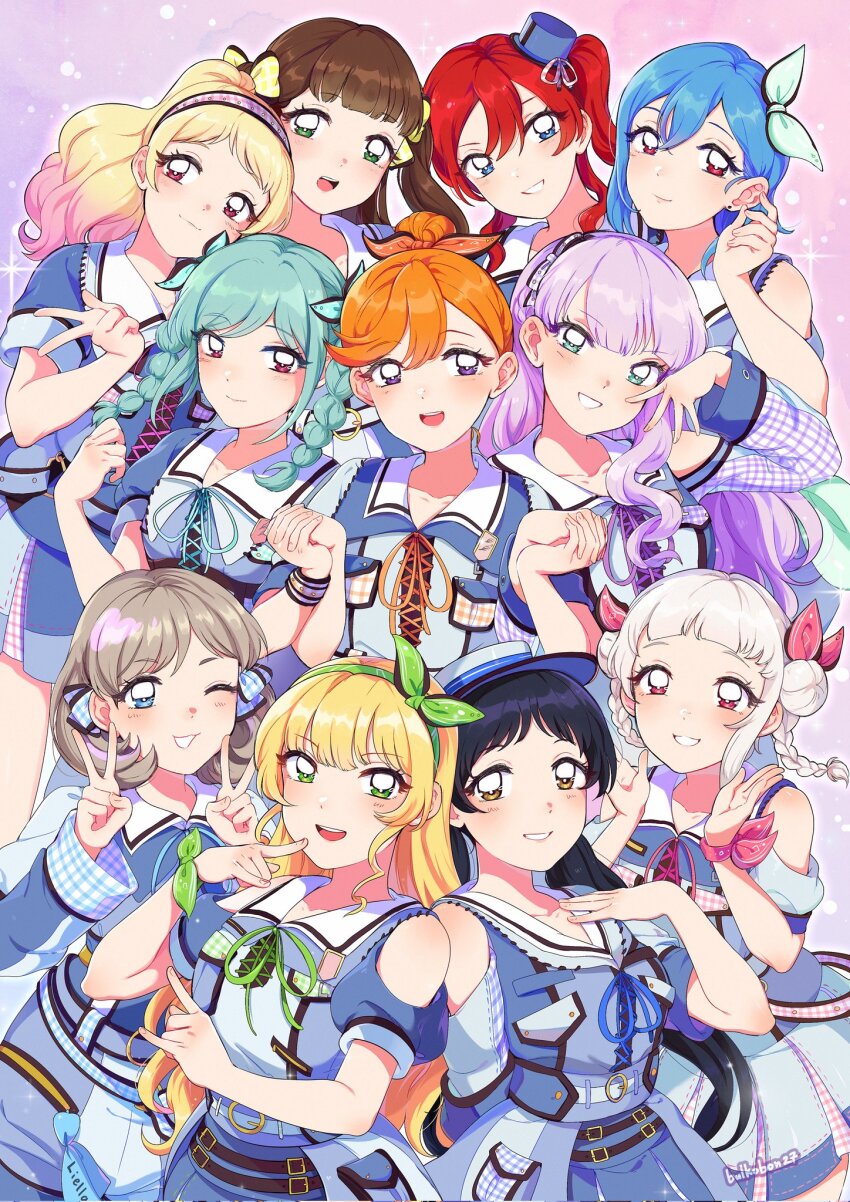 6+girls, aqua_eyes, aqua_hair, arashi_chisato, bare_shoulders, black_hair, blonde_hair, blue_eyes