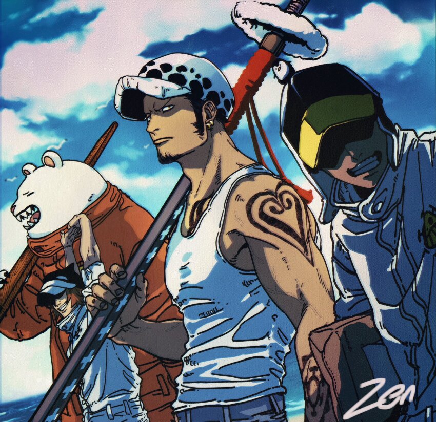 4boys, adam's_apple, arm_tattoo, arms_up, bepo_(one_piece), chest_tattoo, clenched_teeth, closed_mouth