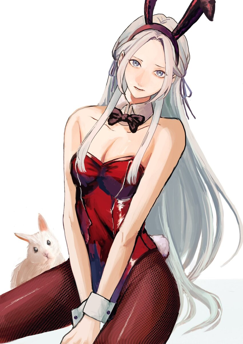 1girl, alternate_costume, animal_ears, bare_arms, bare_shoulders, between_legs, black_bow, black_bowtie