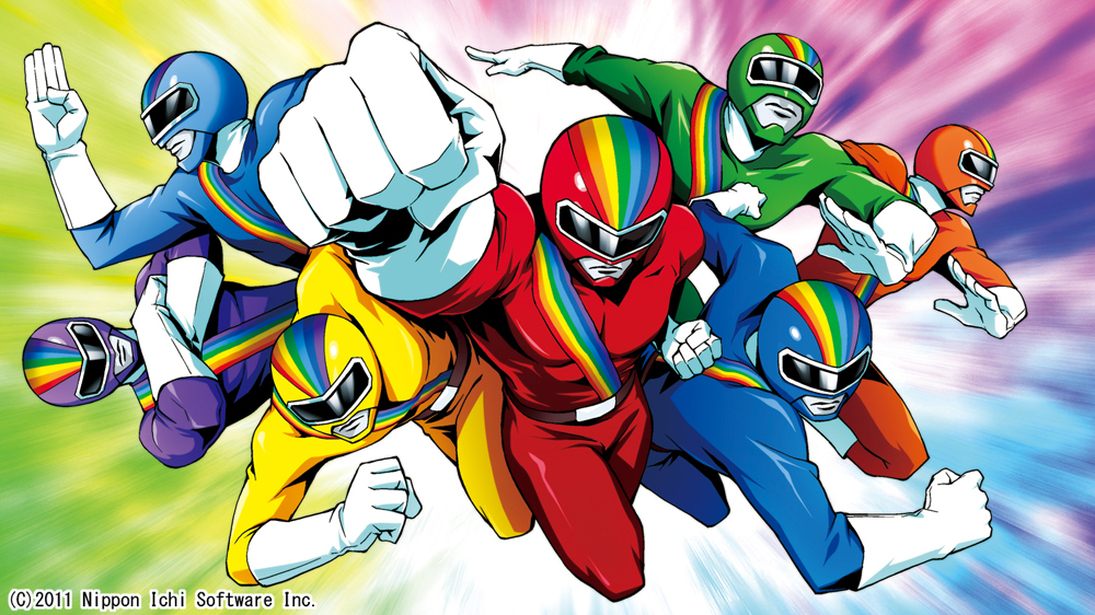 6+boys, disgaea, fujisawa_naoyuki, gradient_background, makai_senki_disgaea_4, male_focus, multiple_boys, prism_blue, prism_green, prism_indigo, prism_orange, prism_purple, prism_rangers, prism_red, prism_yellow, rainbow, tokusatsu, white_background