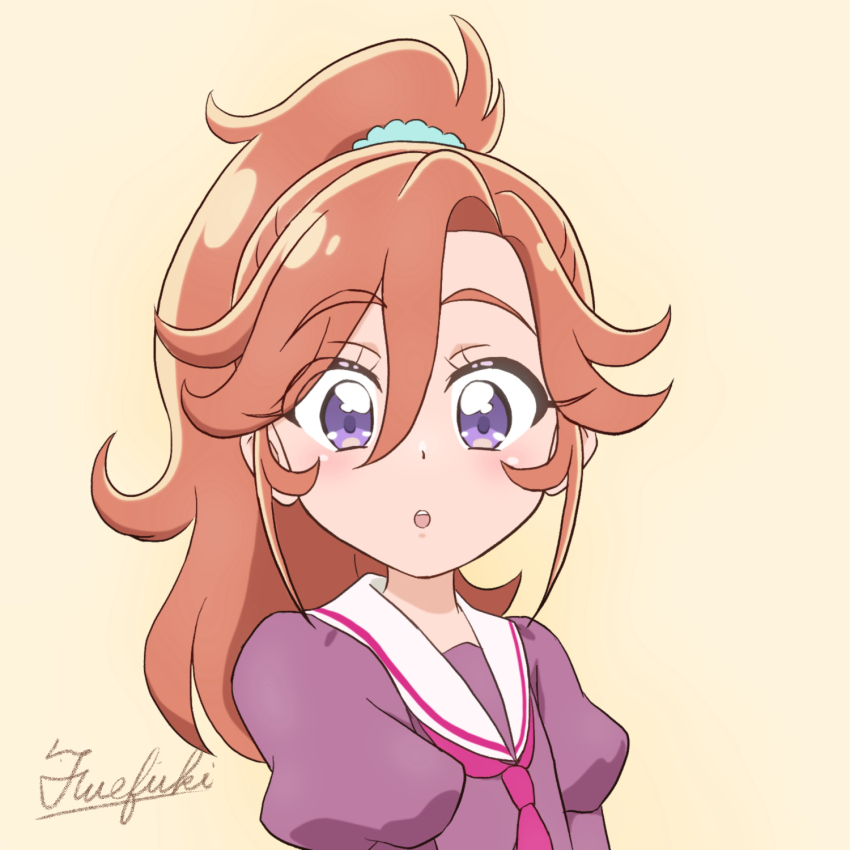 1girl, :o, aqua_scrunchie, artist_name, blush, commentary, dress, fuefukipiper