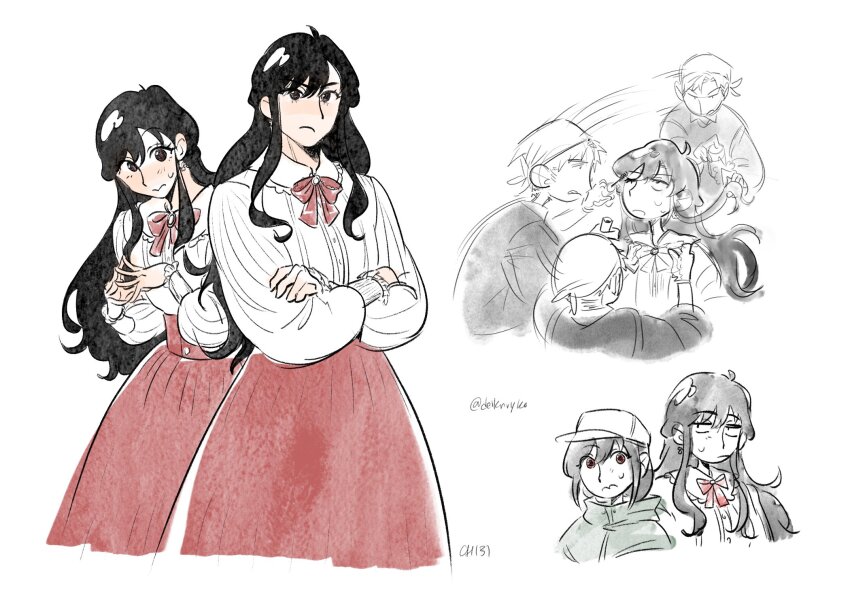 1girl, 2boys, black_hair, blonde_hair, blush, breasts, commentary, crossdressing