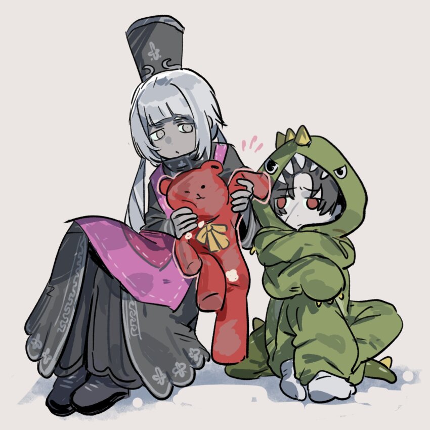 1boy, 1girl, aged_down, apron, charon_(project_moon), closed_mouth, dinosaur_costume, dress