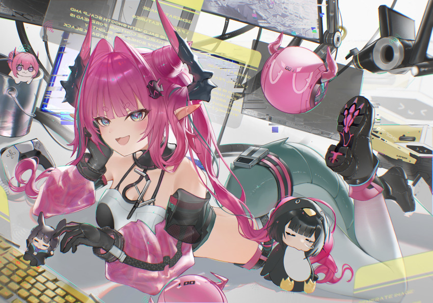1girl, amiya_(arknights), animal_costume, arknights, arknights:_endfield, bare_shoulders, black_horns, blue_eyes, chibi, commentary_request, doro_(nikke), dragon_girl, dragon_horns, dragon_tail, drill_hair, endministrator_(arknights), female_endministrator_(arknights), gloves, gugugaga_(meme), hair_intakes, highres, horns, indoors, long_hair, lying, multicolored_hair, multicolored_horns, on_stomach, open_mouth, pants, penguin_costume, pink_hair, pink_horns, pink_sleeves, pointy_ears, solo, tail, twin_drills, two-sided_gloves, two-tone_horns, white_pants, yee_plus, yvonne_(arknights)