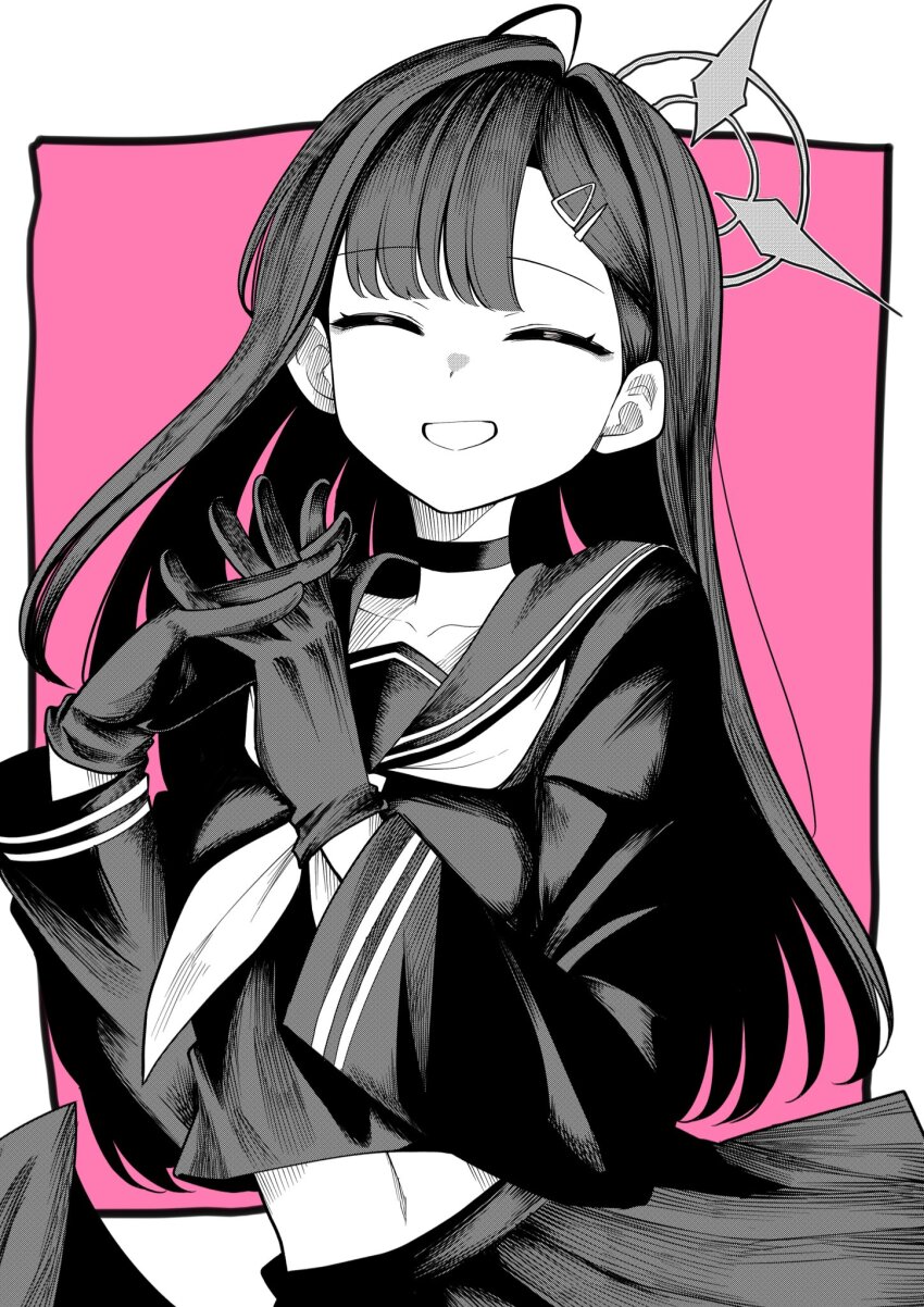 1girl, black_gloves, blue_archive, border, choker, closed_eyes, commentary_request, facing_viewer