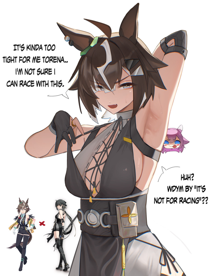 2girls, absurdres, ahoge, animal_ears, arm_up, armpits, bakushin_o_armpit_gif_(meme), black_dress