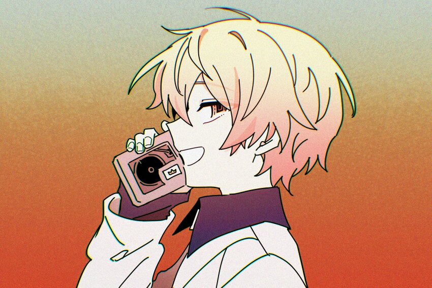1boy, black_shirt, blonde_hair, cassette_player, commentary_request, hand_up, highres, jacket