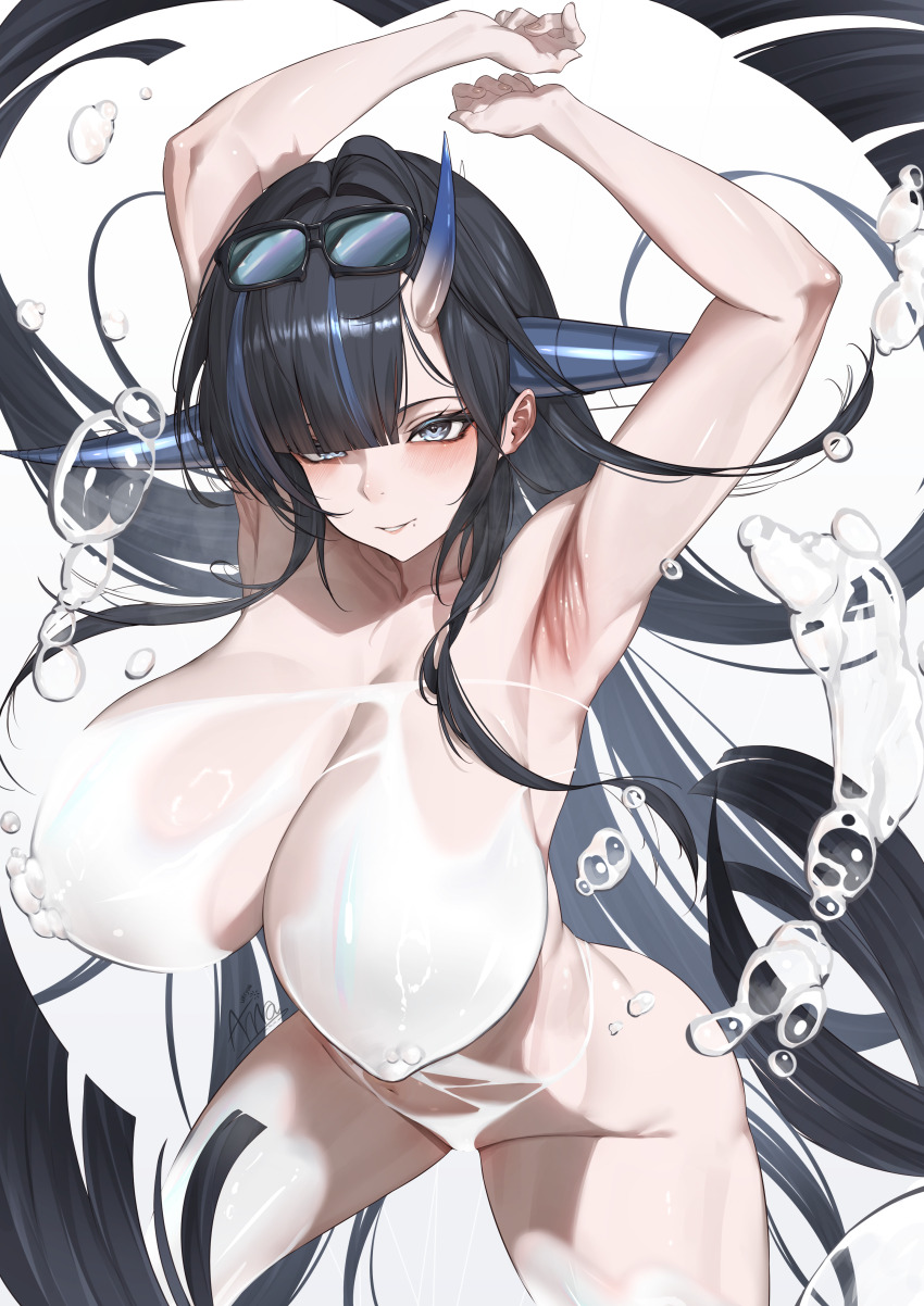 1girl, absurdres, annasui_factory, armpits, arms_up, azur_lane, black_hair, blue_hair