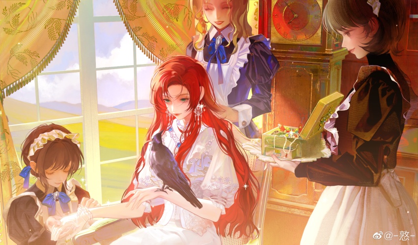 4girls, ^_^, absurdres, analog_clock, animal_on_arm, apron, bird, bird_on_arm