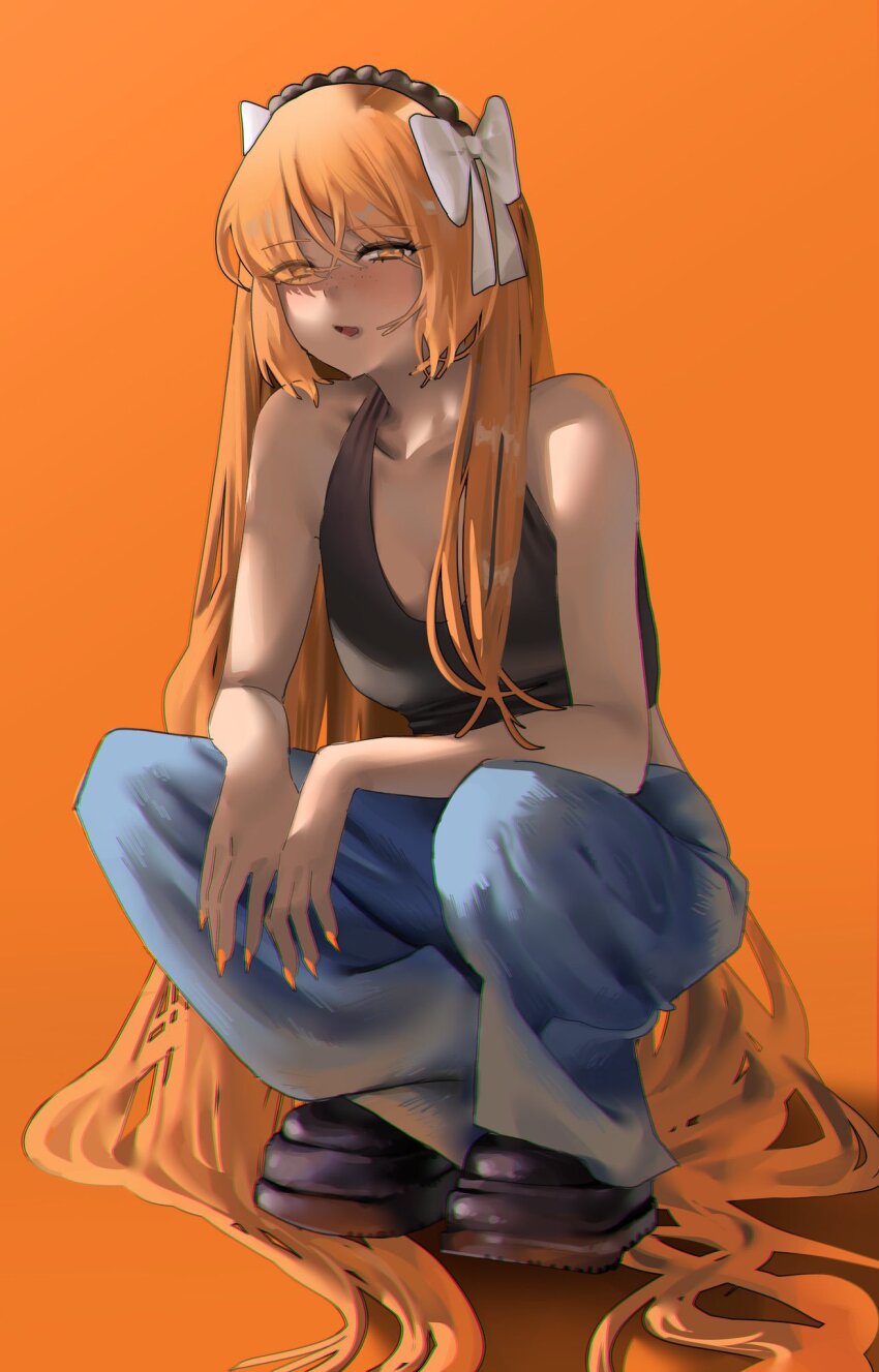 1girl, absurdly_long_hair, black_shirt, black_shoes, blue_pants, bow, brown_hairband, commentary