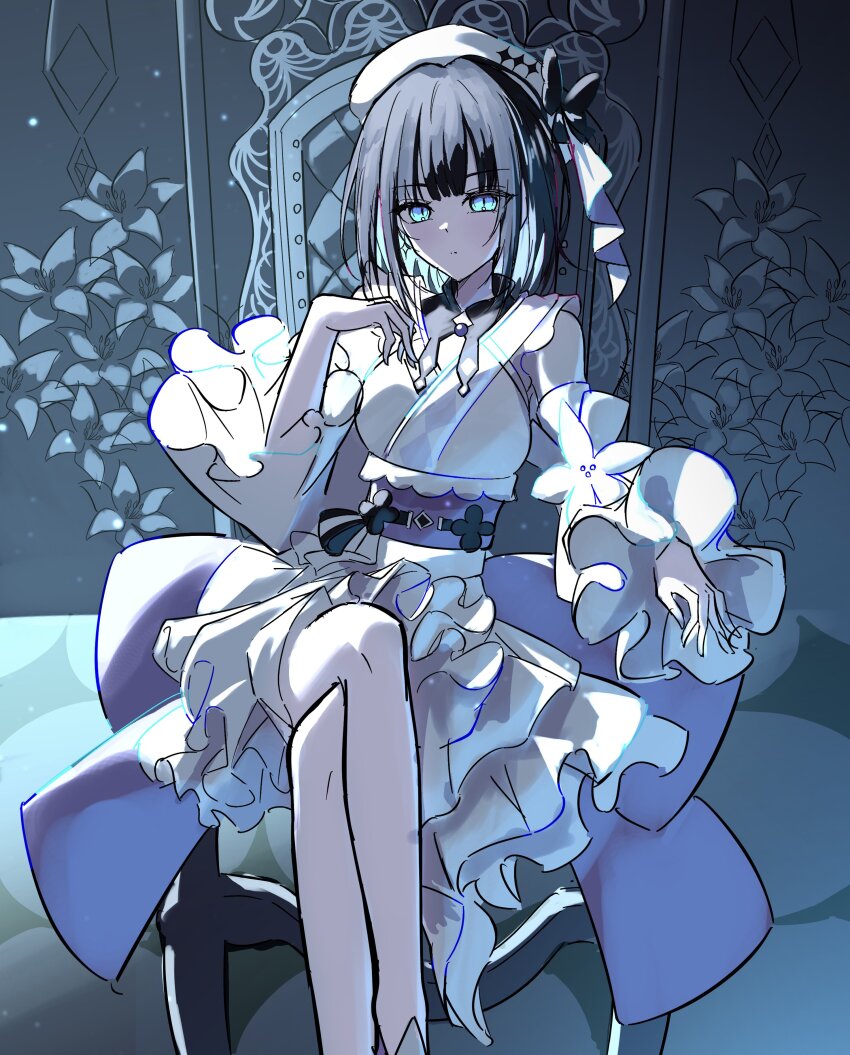 1girl, absurdres, beret, black_hair, blue_eyes, colored_inner_hair, commentary_request, crossed_legs