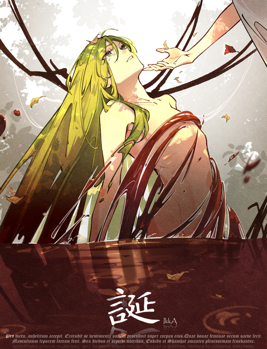 2others, androgynous, blood, chinese_commentary, commentary_request, enkidu_(fate), falling_leaves, fate/grand_order