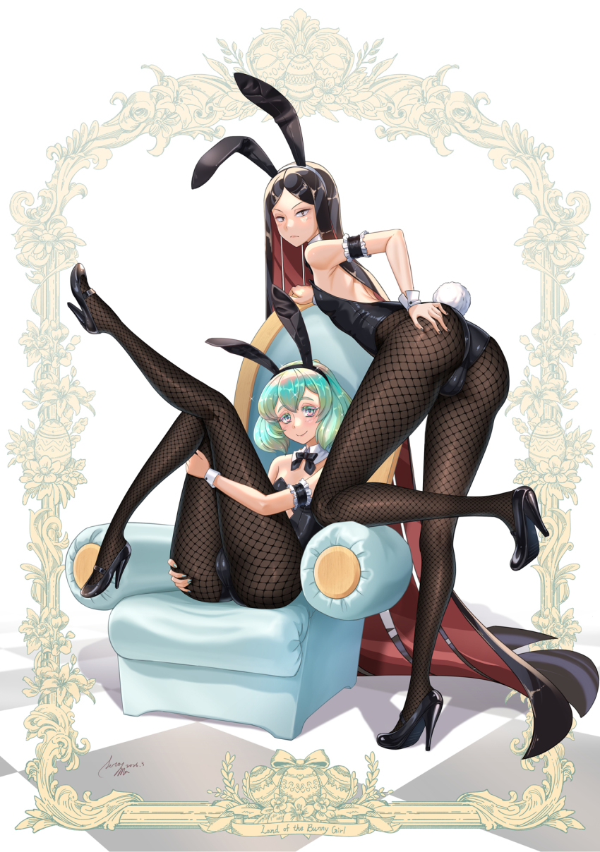 2others, animal_ear_hairband, animal_ears, aqua_hair, ass, black_hair, bort, bow