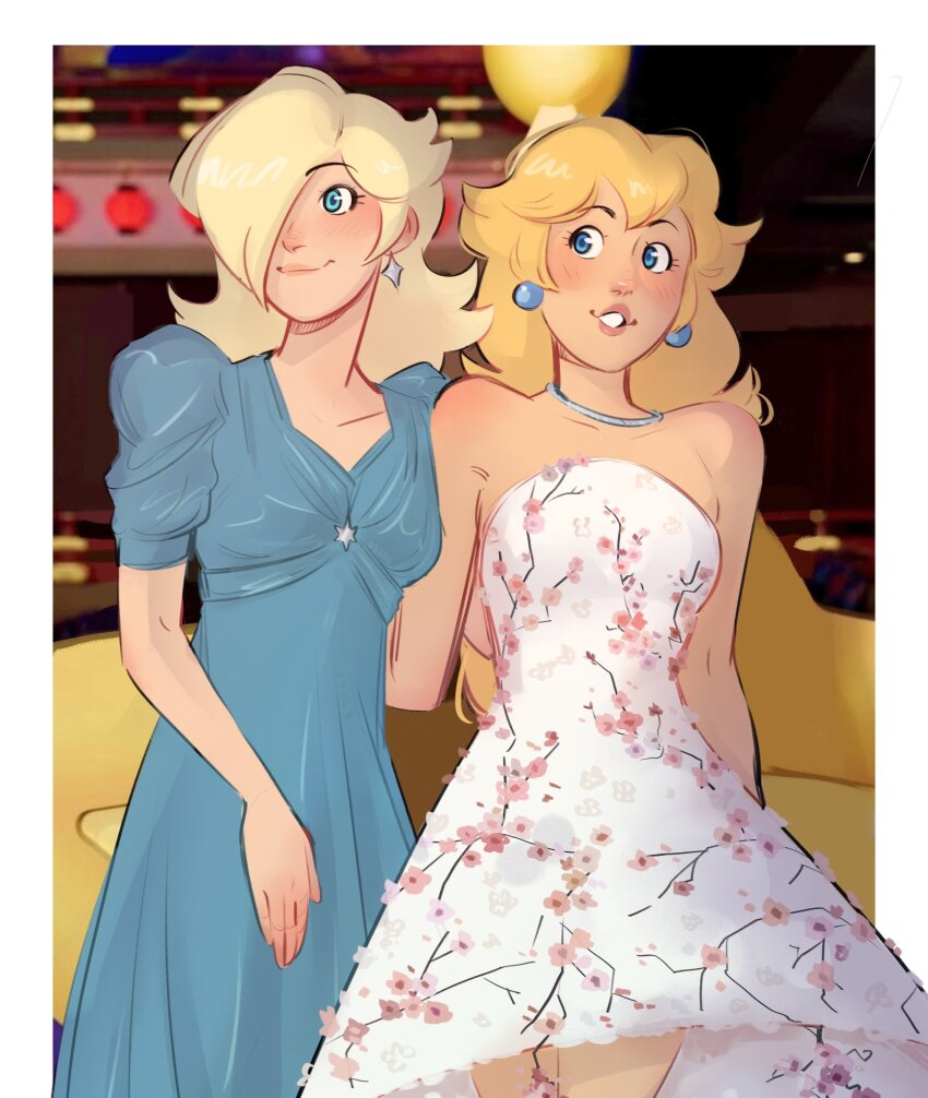 2girls, alternate_costume, anya_taylor-joy, anya_taylor-joy_(cosplay), bare_shoulders, blue_dress, blush, breasts, brie_larson, brie_larson_(cosplay), collarbone, commentary, cosplay, dress, earrings, english_commentary, floral_print, hair_over_one_eye, highres, jewelry, long_hair, looking_to_the_side, mario_(series), multiple_girls, neck, necklace, nintendo, noodles-and-tea, one_eye_covered, parted_lips, photo-referenced, princess_peach, real_life, rosalina, small_breasts, smile, strapless, strapless_dress, the_super_mario_galaxy_movie, very_long_hair, voice_actor_connection, white_dress