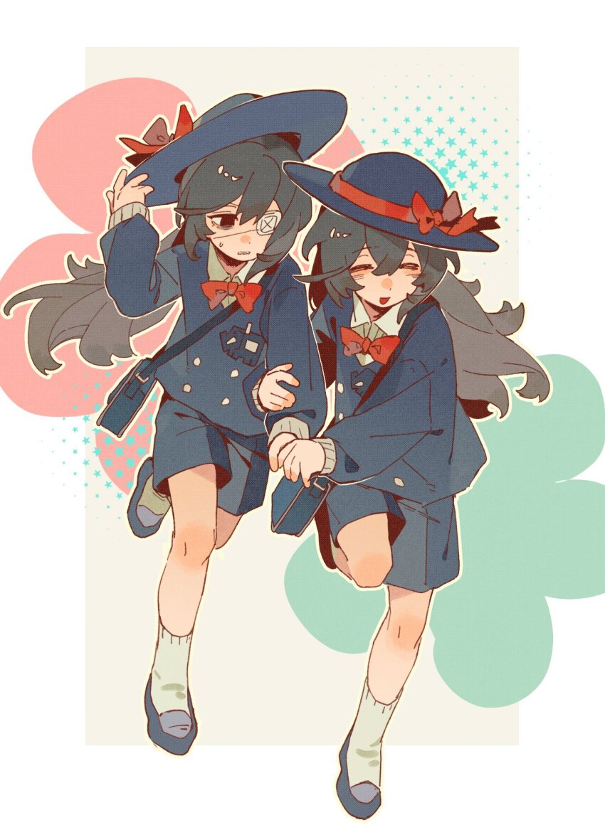 2boys, aged_down, bag, blue_bag, blue_hat, blue_jacket, blue_shoes, blue_shorts