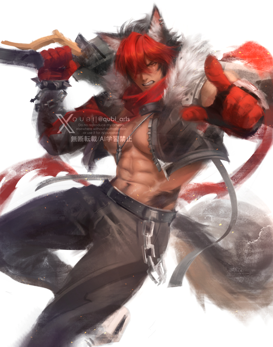 1boy, abs, animal_ear_fluff, animal_ear_piercing, animal_ears, bandaged_arm, bandages, billy_kid