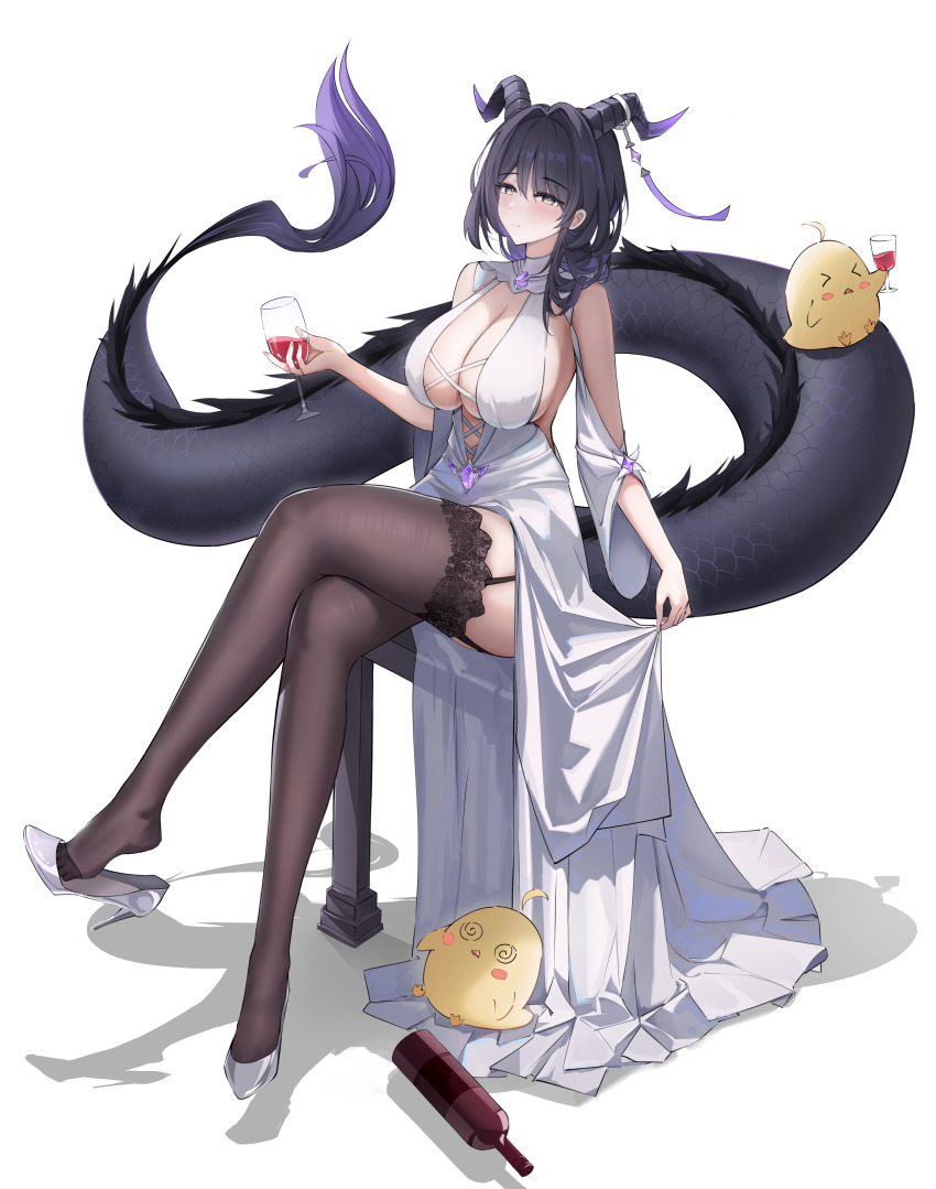 1girl, absurdres, alcohol, azur_lane, black_garter_straps, black_thighhighs, bottle, breasts