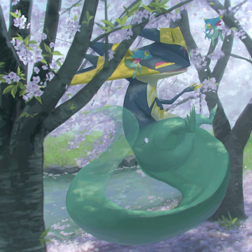 alternate_color, claws, colored_sclera, commentary_request, dragapult, dreepy, flower, full_body, gen_8_pokemon, highres, nintendo, no_humans, open_mouth, outdoors, pokemon, pokemon_(creature), pokemon_focus, shiny_pokemon, sue1374s, tail, tree, water, yellow_eyes, yellow_sclera