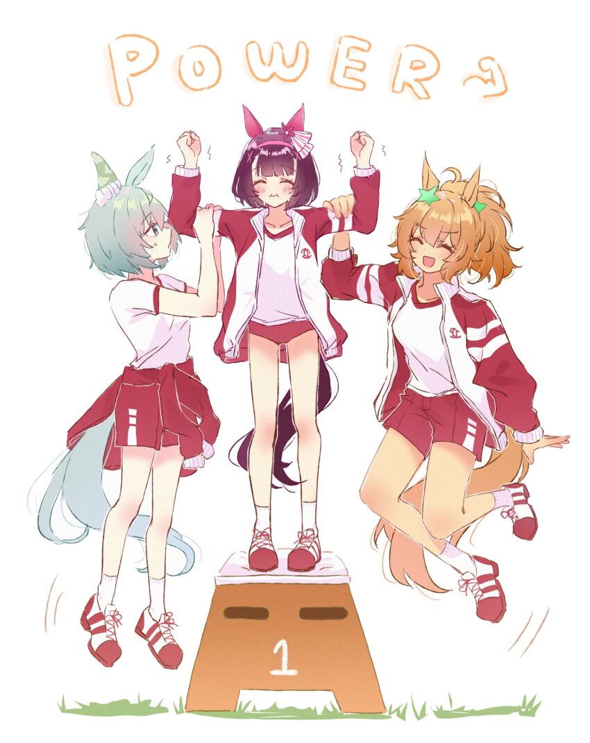 3girls, animal_ears, blue_eyes, blunt_bangs, blush, breasts, brown_hair, buruma