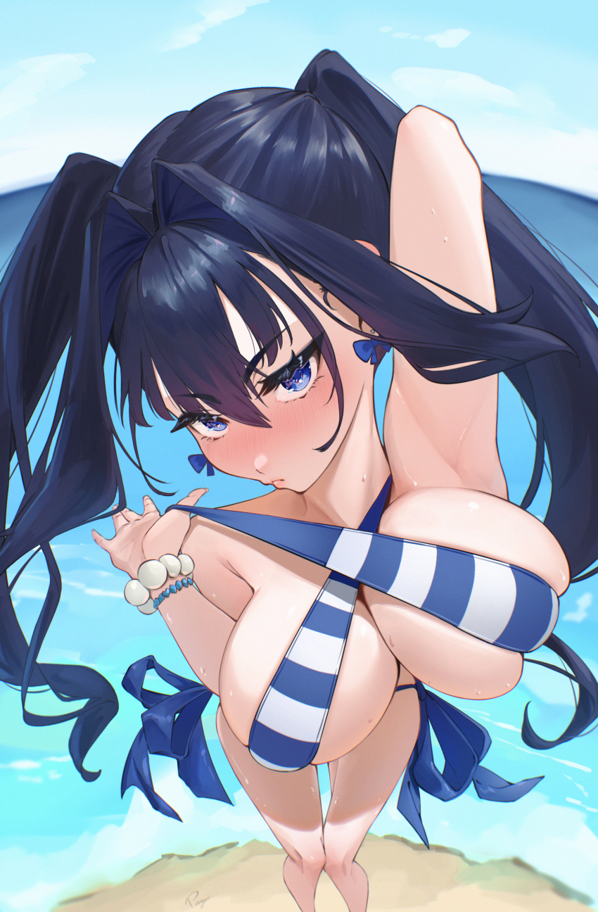 1girl, absurdres, armpits, bare_shoulders, bikini, blue_bikini, blue_eyes, blue_hair