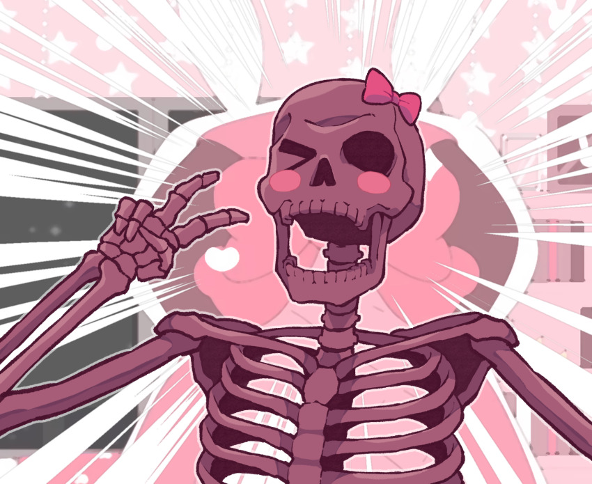 1girl, april_fools, bow, commentary, english_commentary, heart, highres, hololive, hololive_english, kukie-nyan, looking_at_viewer, mori_bonelliope, mori_calliope, official_alternate_costume, one_eye_closed, open_mouth, pink_bow, skeleton, skull, solo, v, virtual_youtuber