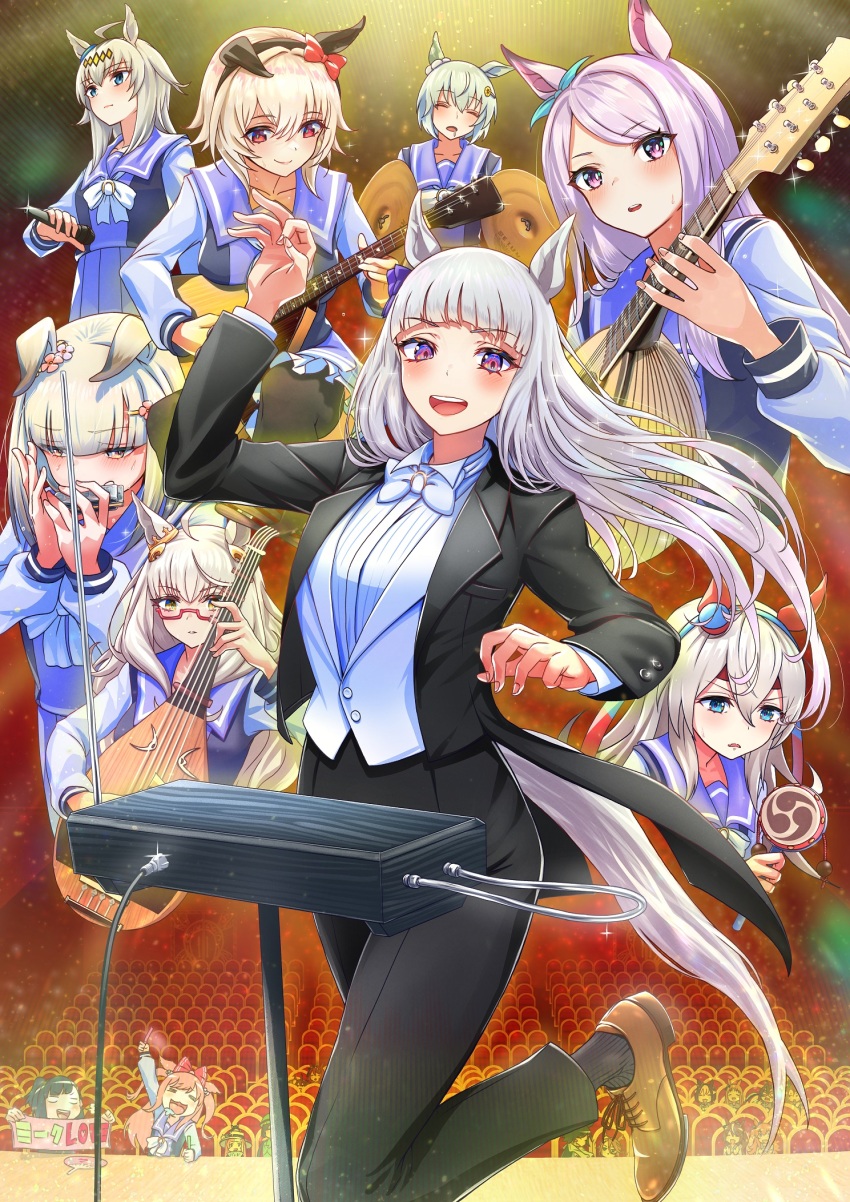 6+girls, =_=, agnes_digital_(umamusume), ahoge, akikawa_yayoi's_cat, akikawa_yayoi_(umamusume), animal, animal_ears