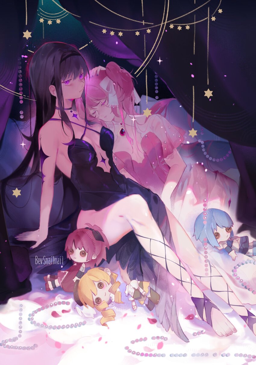 2girls, absurdres, akemi_homura, beads, bevsnailmail, black_choker, black_dress, black_hair
