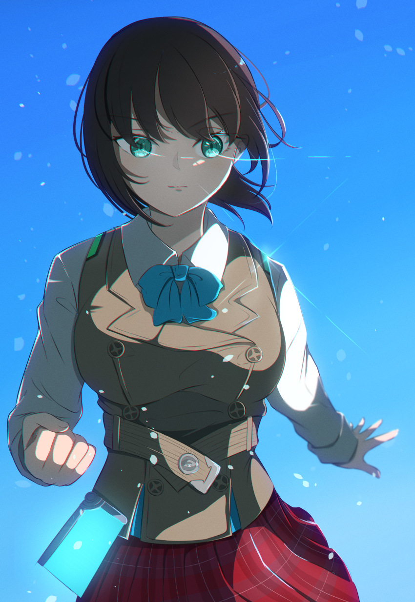 1girl, absurdres, aoi_erika, arm_behind_back, black_hair, blue_bow, blue_bowtie, blue_eyes