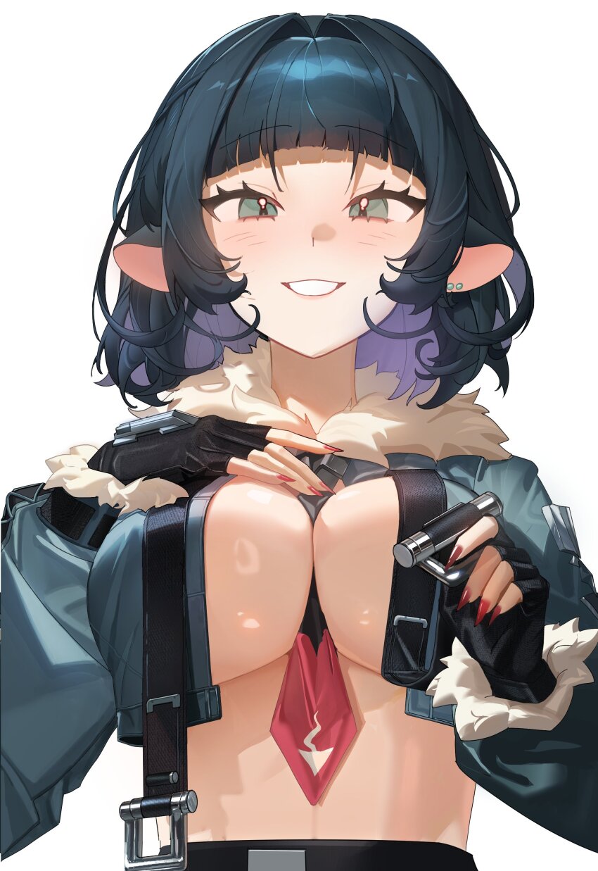 1girl, absurdres, animal_ears, between_breasts, black_gloves, black_hair, breasts, clothes_between_breasts, commentary, english_commentary, fingerless_gloves, gloves, green_eyes, green_jacket, highres, jacket, jane_doe_(zenless_zone_zero), large_breasts, long_hair, looking_at_viewer, ma_someru, midriff, mouse_ears, mouse_girl, necktie, necktie_between_breasts, simple_background, smile, solo, two-tone_necktie, white_background, zenless_zone_zero