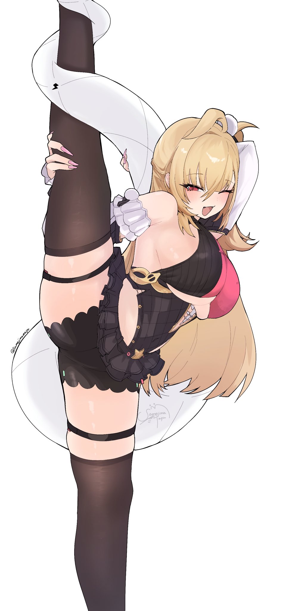 1girl, bare_shoulders, black_thighhighs, blonde_hair, breasts, cissia_(zenless_zone_zero), commentary_request, detached_sleeves