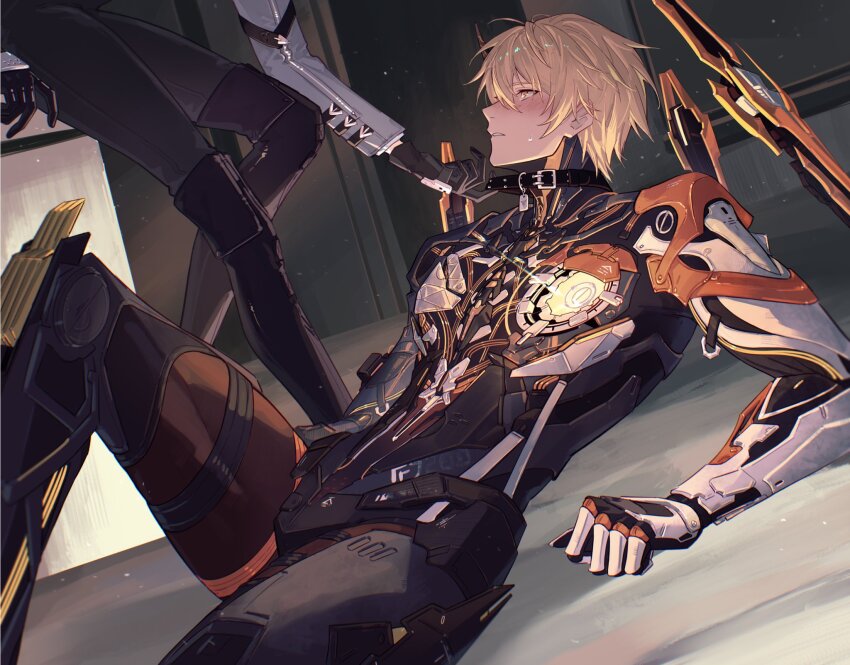 2boys, arm_support, belt_collar, black_collar, black_gloves, blonde_hair, blush, camu:_crocotta_(pgr)