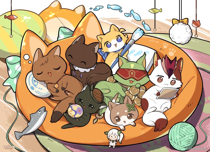 absurdres, animalization, blindfold, cat, character_doll, character_request, coin, colored_blindfold