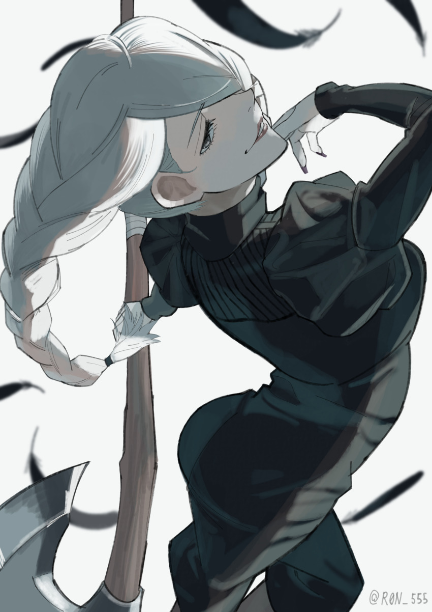 1girl, absurdres, ass, axe, black_dress, black_feathers, braid, braided_bangs