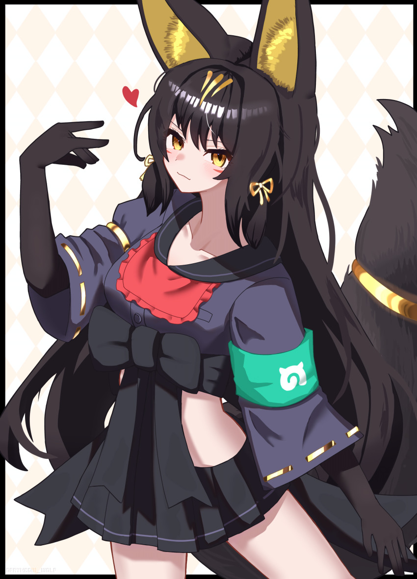 1girl, absurdres, animal_ear_fluff, animal_ears, black_border, black_gloves, black_hair, border