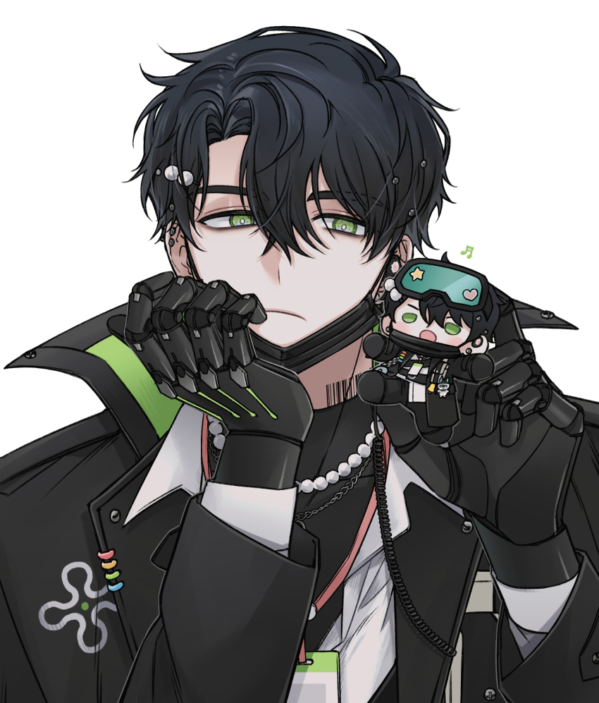 1boy, barcode, barcode_tattoo, belt, black_belt, black_coat, black_gloves, black_hair