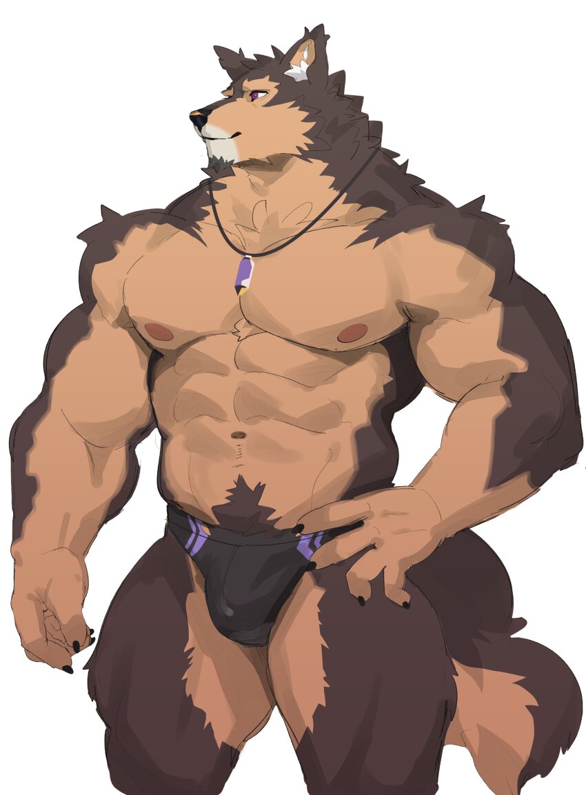 1boy, abs, absurdres, animal_ears, bara, black_male_swimwear, bulge, buntot